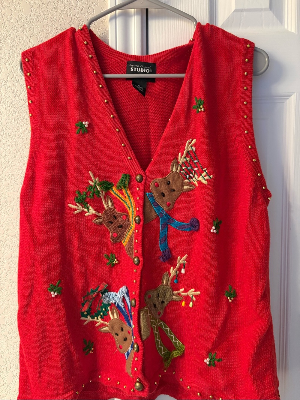 Designers Originals Red Reindeer Embroidered Holiday Sweater Vest